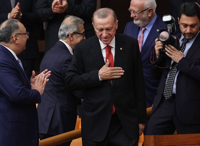 Turkish president Recep Tayyip Erdogan gestures while he attends the 28th term deputies' oath-taking ceremony at the Turkish Grand National Assembly in Ankara, Turkey on 02 June, 2023