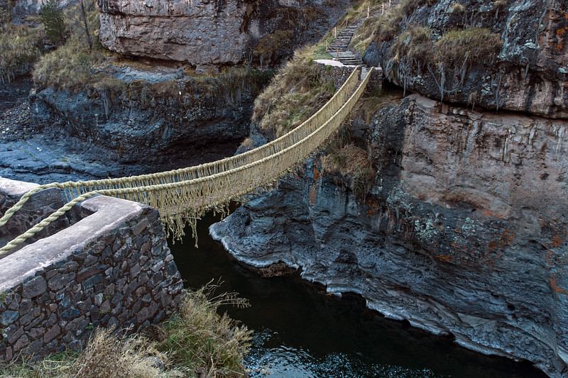 Aerial view of the Q'eswachaka rope bridge taken after its annual renovation, near Huinchiri, Quehue District, Cusco Department, in southern Peru, 11 on June, 2023