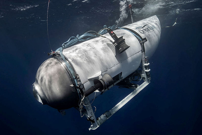 The Titan submersible, operated by OceanGate Expeditions to explore the wreckage of the sunken Titanic off the coast of Newfoundland, dives in an undated photograph.