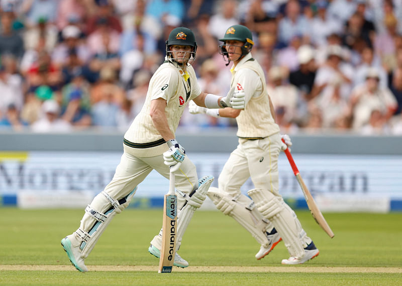 Australia's Marnus Labuschagne and Steven Smith watch the ball as they run between the wickets during the second Ashes Test at the Lords Cricket Stadium in London, United Kingdom on 
28 June 2023