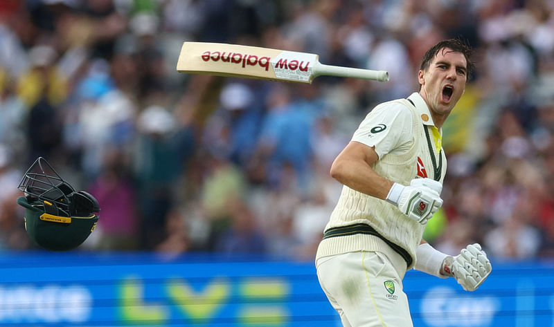 Australia's Pat Cummins celebrates after Australia win the first Ashes Test by 2 wickets Ashes at the Edgbaston Cricket Ground in Birmingham, Britain on 20 June 2023