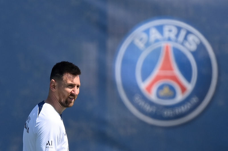 Paris Saint-Germain's Argentinian forward Lionel Messi reacts during a training session at club's training ground in Saint-Germain-en-Laye, west of Paris on 1 June 2023