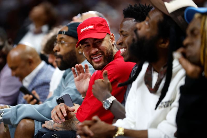 Neymar and Paul Pogba are seen in attendance during Game Four of the 2023 NBA Finals between the Denver Nuggets and the Miami Heat at Kaseya Center on 9 June 2023 in Miami, Florida