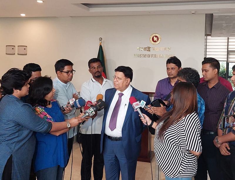 Foreign minister AK Abdul Momen is talking to newsmen at the foreign ministry on Monday.