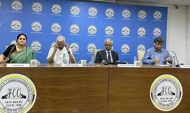 Bangladesh high commissioner to India Mustafizur Rahman and others at an event organised by the Foreign Correspondents Club in New Delhi on Friday