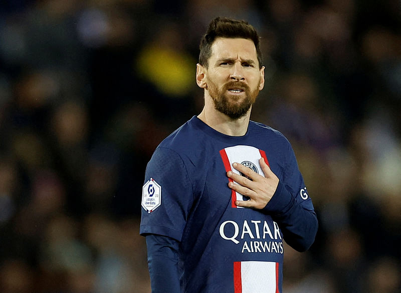 Paris St Germain's Lionel Messi reacts