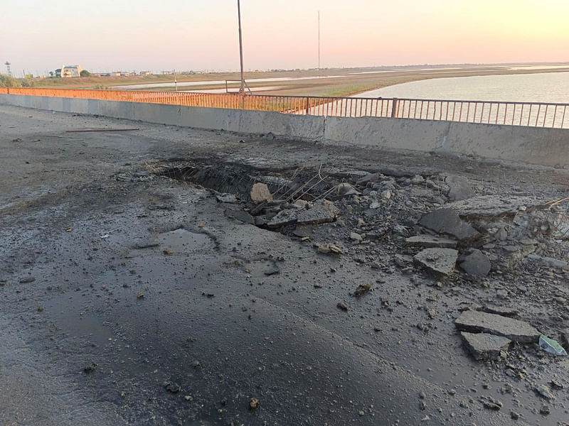 A view shows the damaged Chonhar bridge connecting Russian-held parts of Ukraine's Kherson region to the Crimean peninsula, following what Russian-appointed officials say was a Ukrainian missile attack, in this picture released June 22, 2023