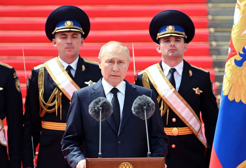 Russian president Vladimir Putin addresses members of Russian military units, the National Guard and security services to pay honour to armed forces, that upheld order during recent mutiny, in Cathedral Square at the Kremlin in Moscow, Russia, 27 June, 2023.