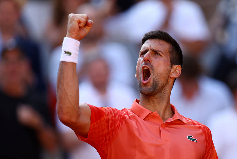 Serbia's Novak Djokovic celebrates winning his quarter final match against Russia's Karen Khachanov  in the French Open at the Roland Garros in Paris, France on 6 June 2023