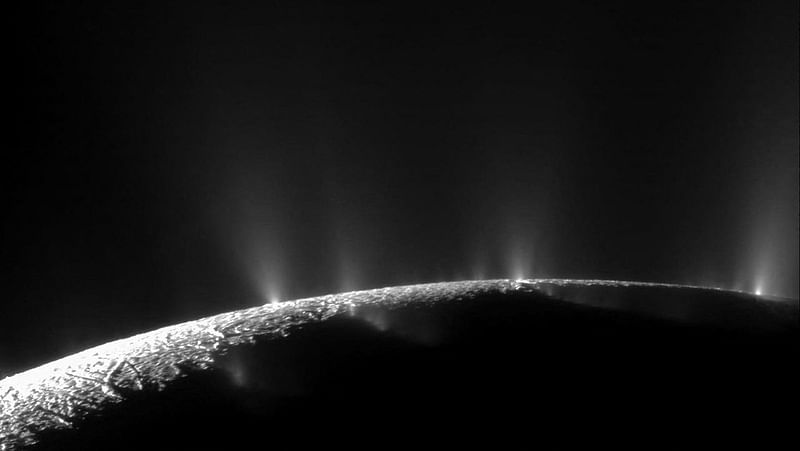 his NASA handout image captured by NASA's Cassini spacecraft in 2009 and obtained on 14 June, 2023, shows the icy crust at the south pole of Saturn's moon Enceladus