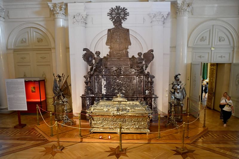 A picture shows the silver sarcophagus of Alexander Nevsky, a medieval prince and national hero, at the State Hermitage Museum in Saint Petersburg on May 24, 2023. For nearly a century, visitors came to Moscow's Tretyakov Gallery to admire the perfect harmony of Russia's most famous icon: the "Trinity", painted by the legendary Andrei Rublev in the Middle Ages. The almost 600-year-old artwork depicting three angels is one of the most recognisable Russian masterpieces in the world.