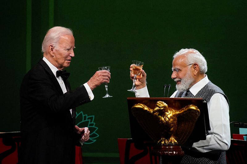 U.S. President Joe Biden and India's Prime Minister Narendra Modi raise a toast during an official state dinner at the White House in Washington, U.S., June 22, 2023