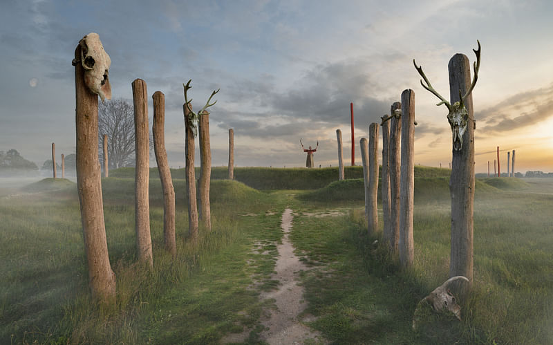 An illustration shows what the researchers believe is the 4,000-year-old Stonehenge-like sanctuary that archaeologists have discovered in Tiel, a town in the centre of the Netherlands, in this handout picture obtained on 21 June, 2023.