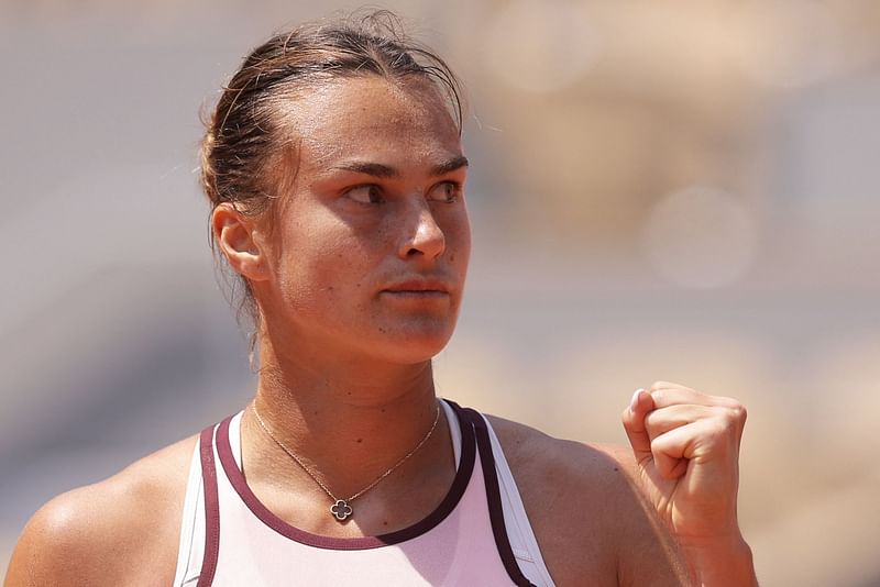 Belarus' Aryna Sabalenka reacts after a point to Ukraine's Elina Svitolina during their women's singles quarter final match on day ten of the Roland-Garros Open tennis tournament at the Court Philippe-Chatrier in Paris on 6 June, 2023