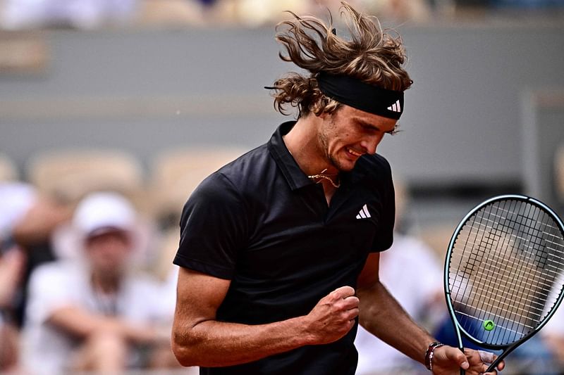 Germany's Alexander Zverev celebrates a point against Argentina's Tomas Martin Etcheverry during their men's singles quarter final match on day eleven of the Roland-Garros Open tennis tournament at the Court Philippe-Chatrier in Paris on 7 June, 2023