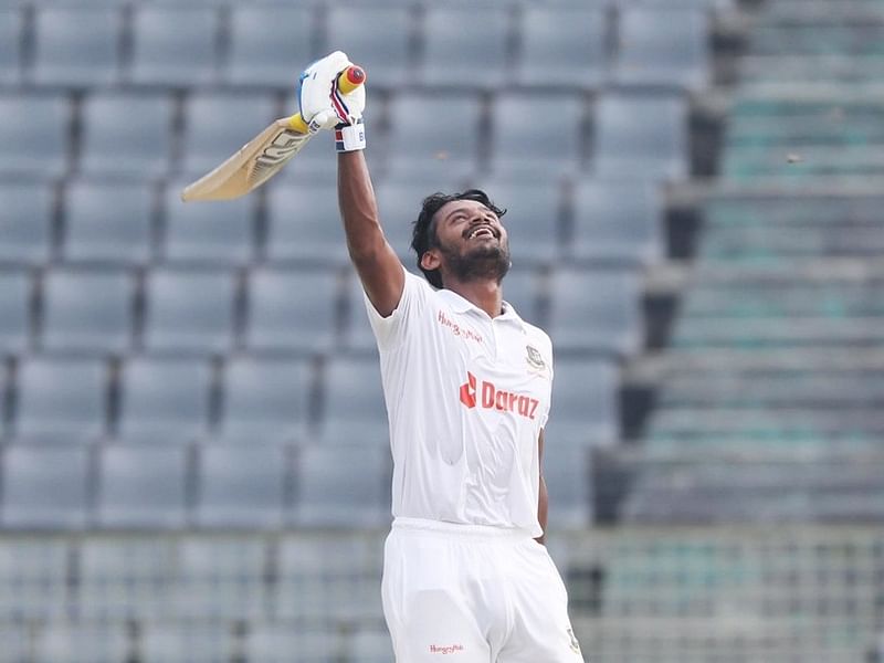 Bangladesh A team batsman Mahmudul Hasan Joy thanks the heavens after competing his century on day four of the third four-day match against West Indies A at the Sylhet International Cricket Stadium on 2 June 2023