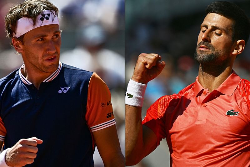 This combination of files pictures created on 9 June 2023 shows Norway's Casper Ruud and Serbia's Novak Djokovic, the finalists of the men's single's event of the French Open 2023