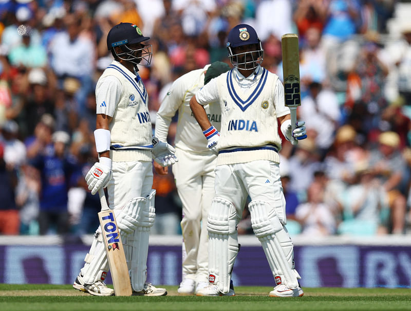 India's Ajinkya Rahane celebrates his half century against Australia in World Test Championship final on 9 June