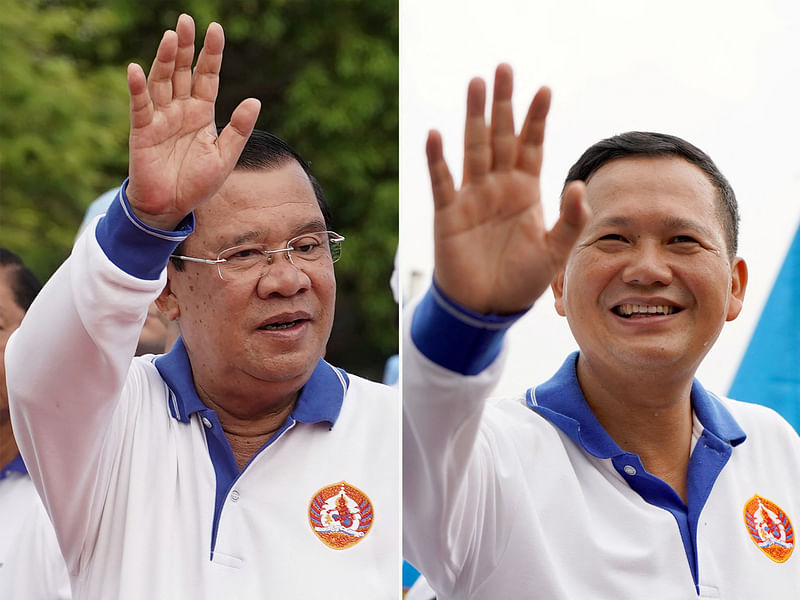 This combination photo shows Cambodia's Prime Minister Hun Sen and his son Hun Manet during election campaign rallies in Phnom Penh, Cambodia, 1 July, 2023 and 21 July, 2023 respectively