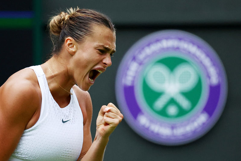 Aryna Sabalenka reacts during her quarter final match against Madison Keys of the US