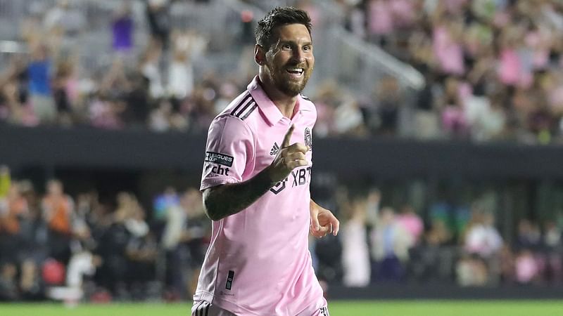 Lionel Messi of Inter Miami CF celebrates a goal by Robert Taylor in the second half during the Leagues Cup 2023 match between Inter Miami CF and Atlanta United at DRV PNK Stadium on 25 July 2023 in Fort Lauderdale, Florida, US