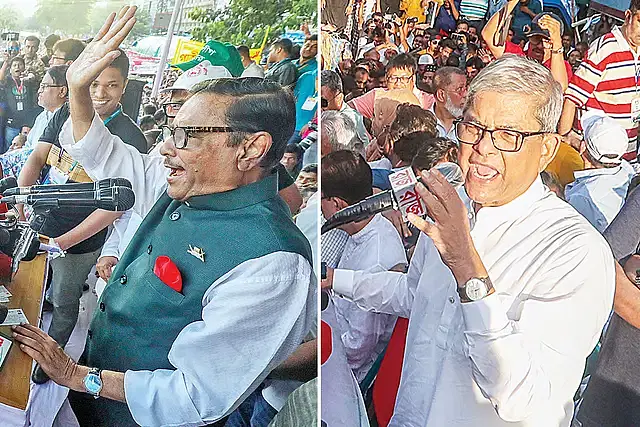 : Obaidul Quader at the peace rally and Mirza Fakhrul Islam Alamgir at the grand rally. Awami League and BNP held these rallies yesterday, Friday