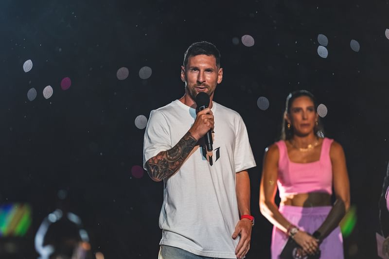 Lionel Messi speaks during his unveiling ceremony as an Inter Miami players at the DRV PNK Stadium in Fort Lauderdale, Florida, on 16 July 2023