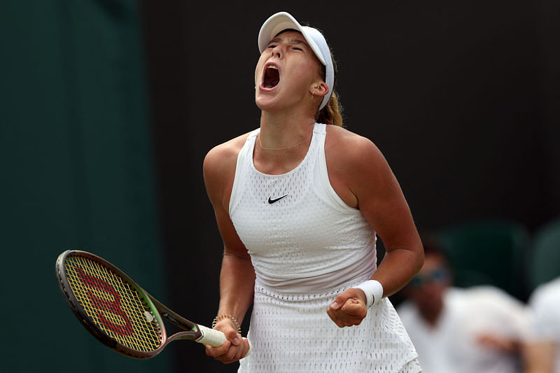 Russia's Mirra Andreeva reacts as she plays Russia's Anastasia Potapova during their women's singles tennis match on the seventh day of the 2023 Wimbledon Championships at The All England Tennis Club in Wimbledon, southwest London, on 9 July, 2023