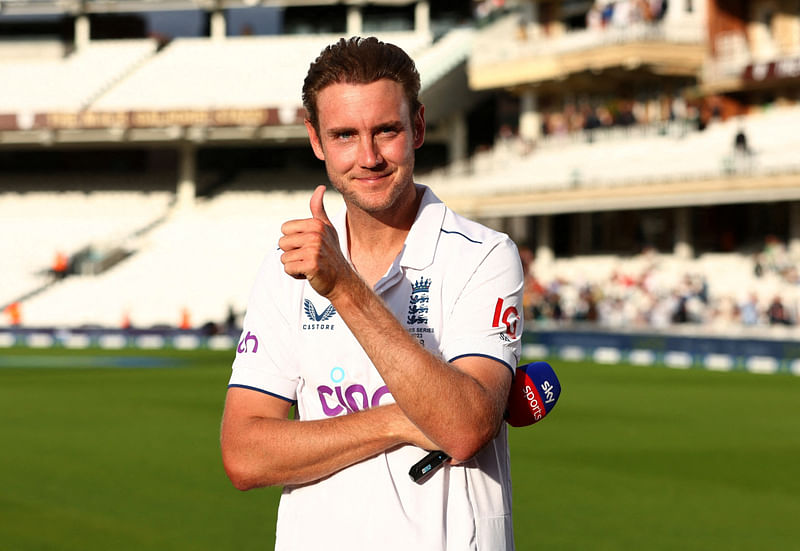 England's Stuart Broad gestures after announcing his retirement from cricket at the end of play on day 3 of the fifth Ashes Test at the Oval in London, England on 30 July 2023