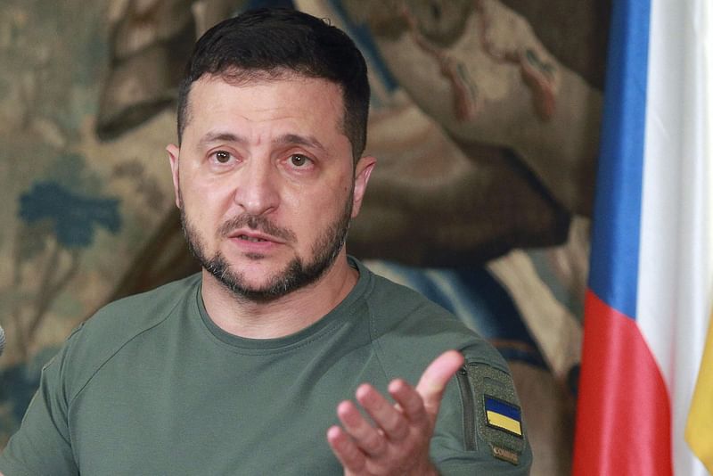 Ukrainian President Volodymyr Zelensky addresses a press conference during his meeting with the Czech President in Prague Castle in Prague, Czech Republic, on July 6, 2023