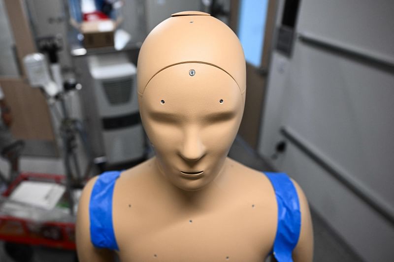 Pores that bead sweat like humans are displayed on ANDI, an Advanced Newton Dynamic Instrument, as researchers prepare a heat and wind experiment to learn more about the effect of heat exposure on the human body at Arizona State University (ASU) during a record heat wave in Phoenix, Arizona on 20 July, 2023.