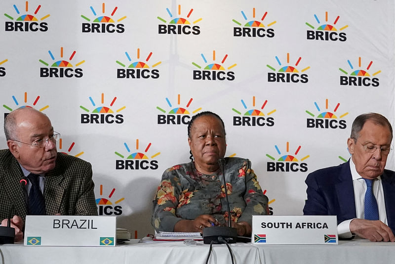 Brazil's Foreign Minister Mauro Vieira, South Africa's Foreign Minister Naledi Pandor and Russia's Foreign Minister Sergei Lavrov attend a press conference as BRICS foreign ministers meet in Cape Town, South Africa, 1 June 2023.