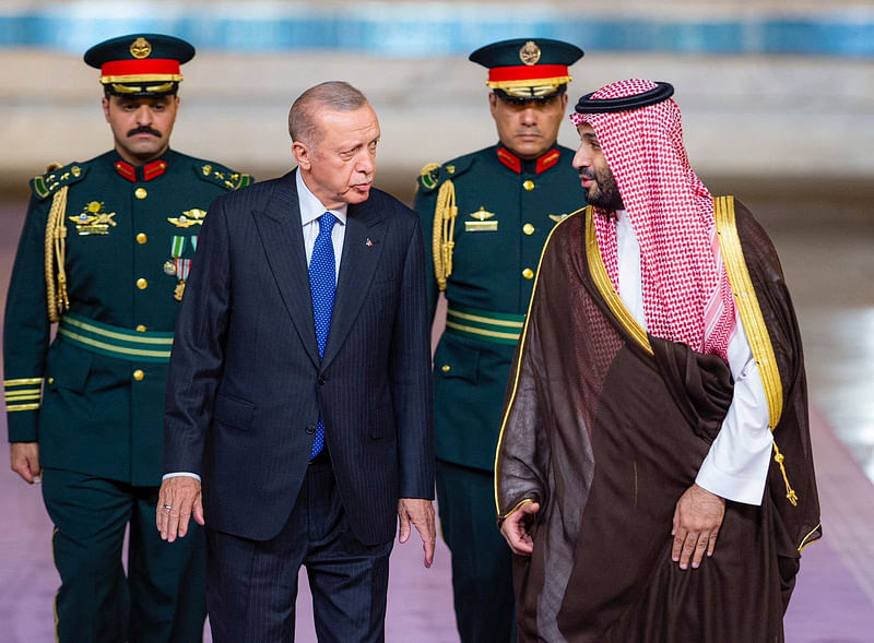 Saudi Arabia’s Crown Prince Mohammed bin Salman meets Turkish President Tayyip Erdogan in Jeddah, Saudi Arabia, on 17 July, 2023