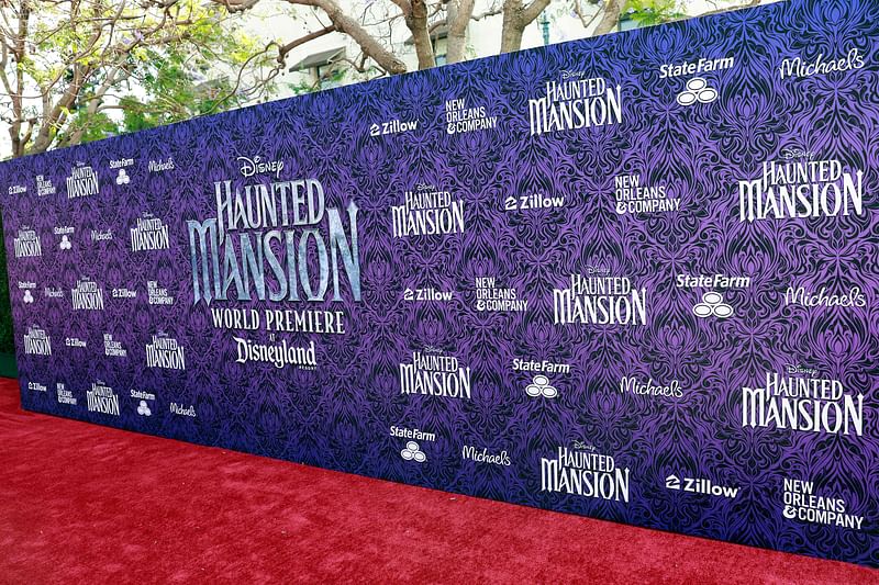 View of the red carpet at the world premiere of Disney's "Haunted Mansion" at the Hyperion Theatre inside the Disney California Adventure Park in Anaheim, California, on 15 July, 2023.