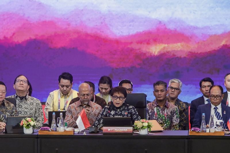 Indonesian Foreign Minister Retno Marsudi (C) speaks during the Association of Southeast Asian Nations (ASEAN) Foreign Ministers’ Meeting in Jakarta on July 14, 2023