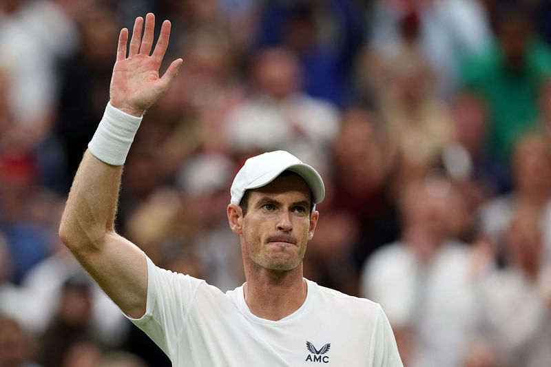 Britain's Andy Murray celebrates beating Britain's Ryan Peniston after their men's singles tennis match on the second day of the 2023 Wimbledon Championships at The All England Tennis Club in Wimbledon, southwest London, on 4 July, 2023