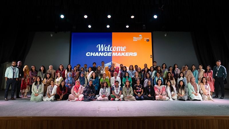 New teachers and administrators pose for a photo at the teacher orientation programme of Glenrich International School in Dhaka on 5 July 2023