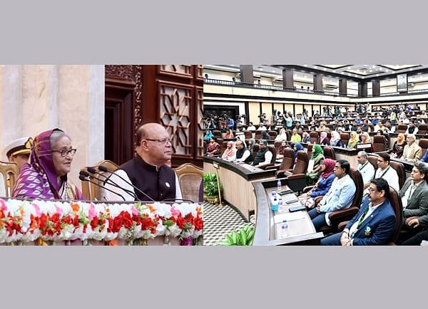 Prime Minister Sheikh Hasina addressing a programme organised for the oath to newly elected mayors of two city corporations -- AHM Khairuzzaman Liton of Rajshahi and Anwaruzzaman Chowdhury of Sylhet -- at the Shapla Hall of her office on 3 July, 2023