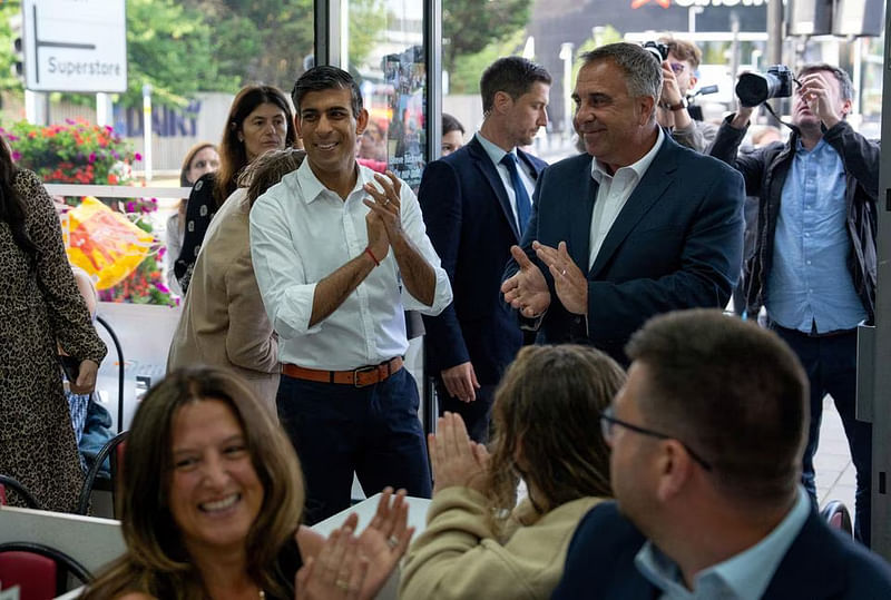 Prime minister Rishi Sunak visits Uxbridge to congratulate Conservative Party candidate, Steve Tuckwell, after he won the Uxbridge and South Ruislip by-election, on 21 July, 2023 in Uxbridge, Britain.