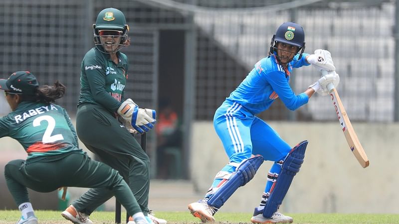 India women's team batter Jemimah Rodrigues plays a shot during the second ODI against Bangladesh at the Sher-e-Bangla National Cricket Stadium in Dhaka on 19 July 2023