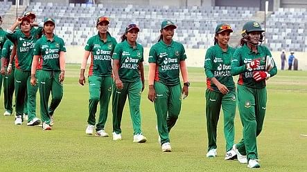 Bangladesh women's team walk back to the dressing room after losing the first T20 against India at the Sher-e-Bangla National Cricket Stadium in Dhaka on 9 July 2023