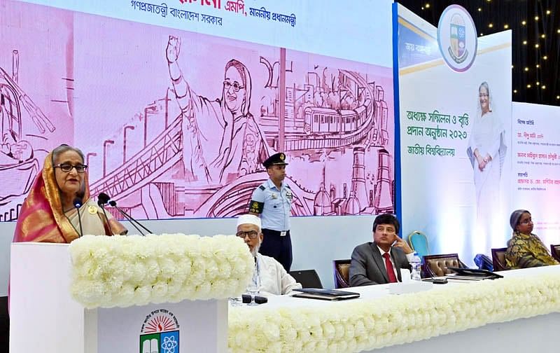 Prime Minister sheikh Hasina speaks at a national council of National University-affiliated colleges as well as the scholarship distribution ceremony-2023, in capital’s Bangabandhu International Conference Centre (BICC) Sunday, 16 July 2023.