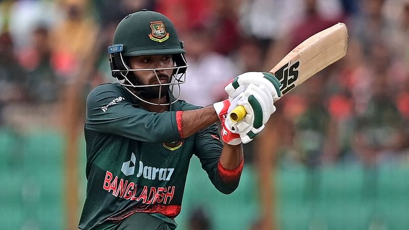 Bangladesh's Towhid Hridoy watches the ball after playing a shot during the first one-day international between Bangladesh and Afghanistan at the Zahur Ahmed Chowdhury Stadium in Chittagong on 5 July 2023