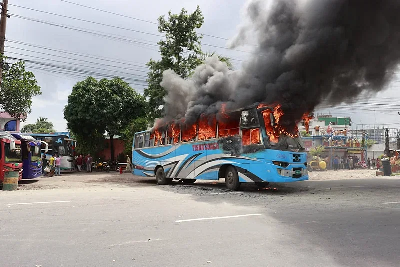 A passenger bus was set alight in front of a filling station at Matuail on 29 July, 2023.