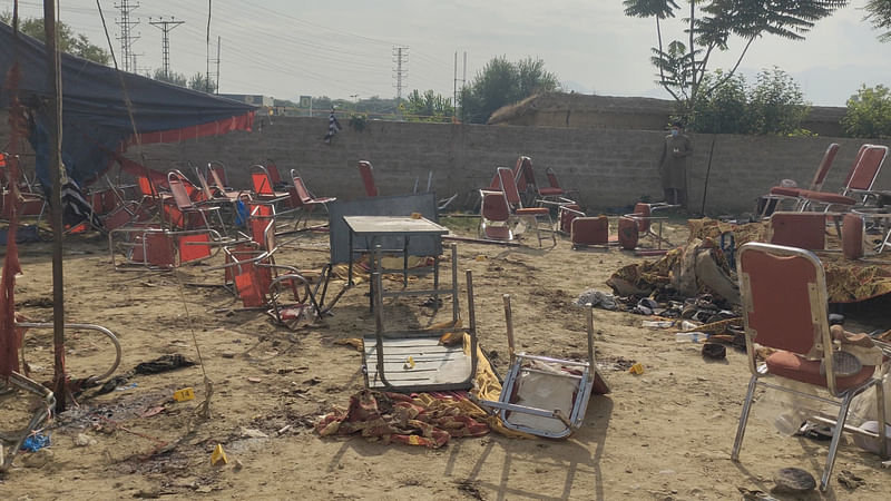 A general view of damaged property, following an explosion by a suicide bomber in Bajaur, Pakistan July 31, 2023 in this screen grab taken from a social media video