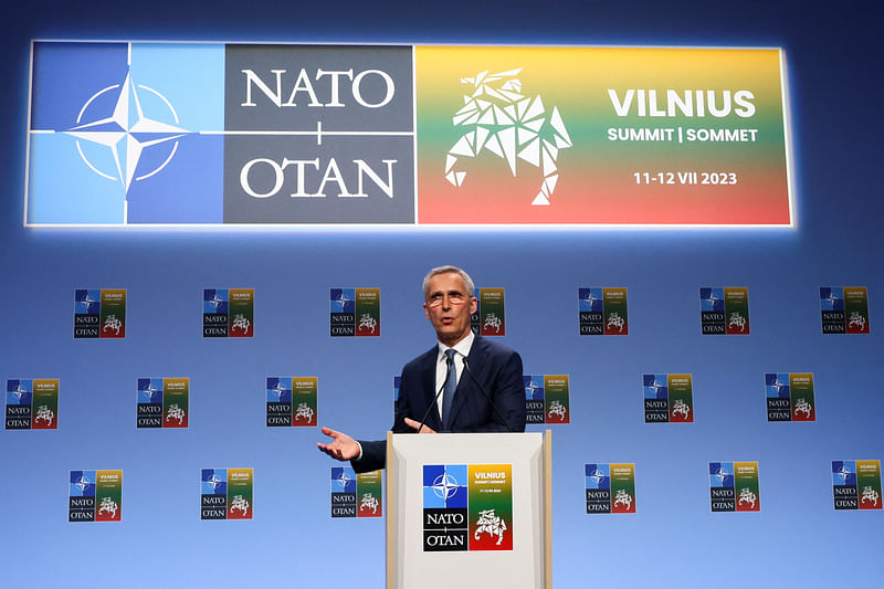 NATO Secretary-General Jens Stoltenberg speaks to the press, on the eve of a NATO summit, in Vilnius, Lithuania on 10 July, 2023