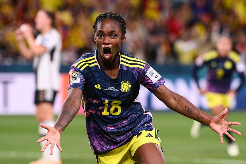 Colombia's forward Linda Caicedo celebrates scoring her team's first goal during the Australia and New Zealand 2023 Women's World Cup Group H match between Germany and Colombia at Sydney Football Stadium in Sydney on 30 July 2023