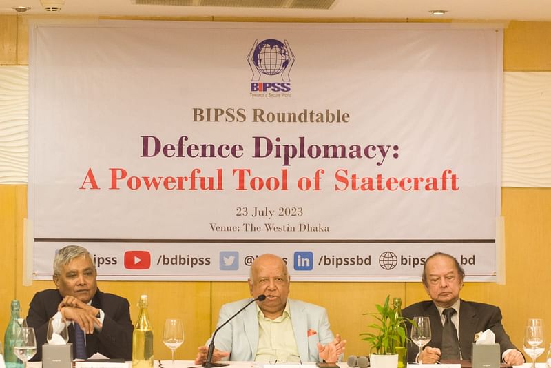 Bangladesh Institute of Peace and Security Studies president Major General (Retd) ANM Muniruzzaman speaks at a roundtable on ‘Defence Diplomacy: A Powerful Tool of Statecraft’ at a Dhaka hotel on 23 July, 2023