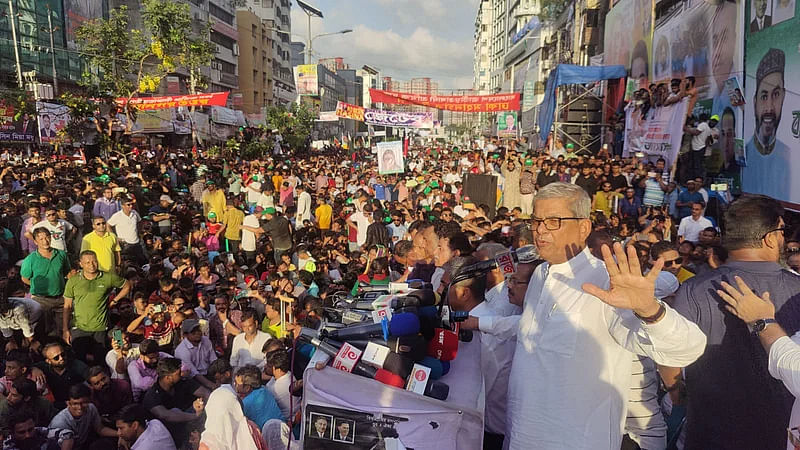 BNP secretary general Mirza Fakhrul Islam Alamgir speaks as chief guest at the grand rally at Naya Paltan, Dhaka, on 28 July 2023