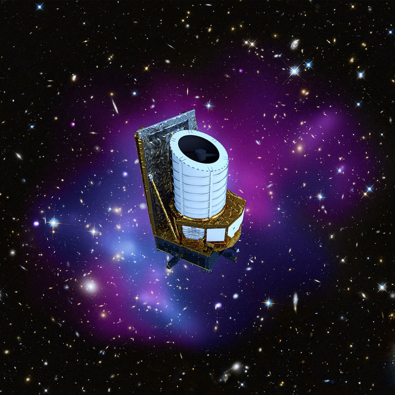 This handout image released by the European Space Agency (ESA) on June 26, 2023 shows an artist’s impression of the Euclid spacecraft. Europe's Euclid space telescope is being launched on 1 July, 2023 from Cape Canaveral, Florida, to try to unravel two great enigmas of the universe, dark matter and dark energy, the European Space Agency (ESA) announced on Twitter on 21 June, 2023.